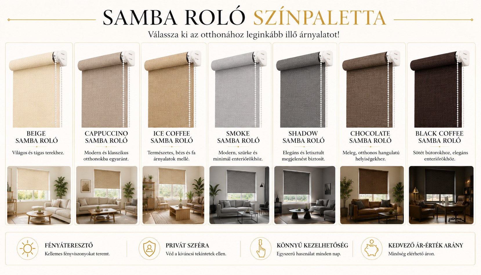 Samba roló színpaletta – Beige, Cappuccino, Ice Coffee, Smoke, Shadow, Chocolate és Black Coffee
